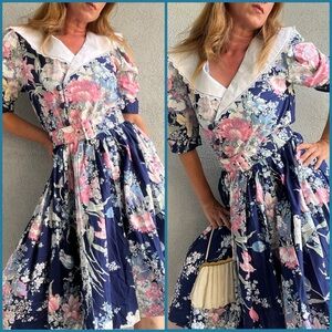 NOS Vintage 80s Sears Tina Barrie Blue Pink Floral Cotton Fit & Flare Dress Sz M